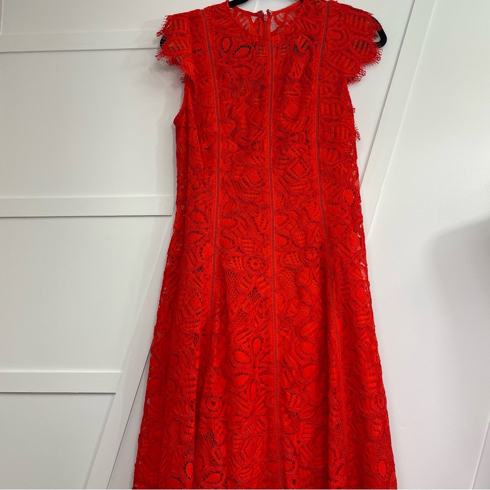 Lela Rose Red A-Line Midi Dress with Flutter Cap Sleeves